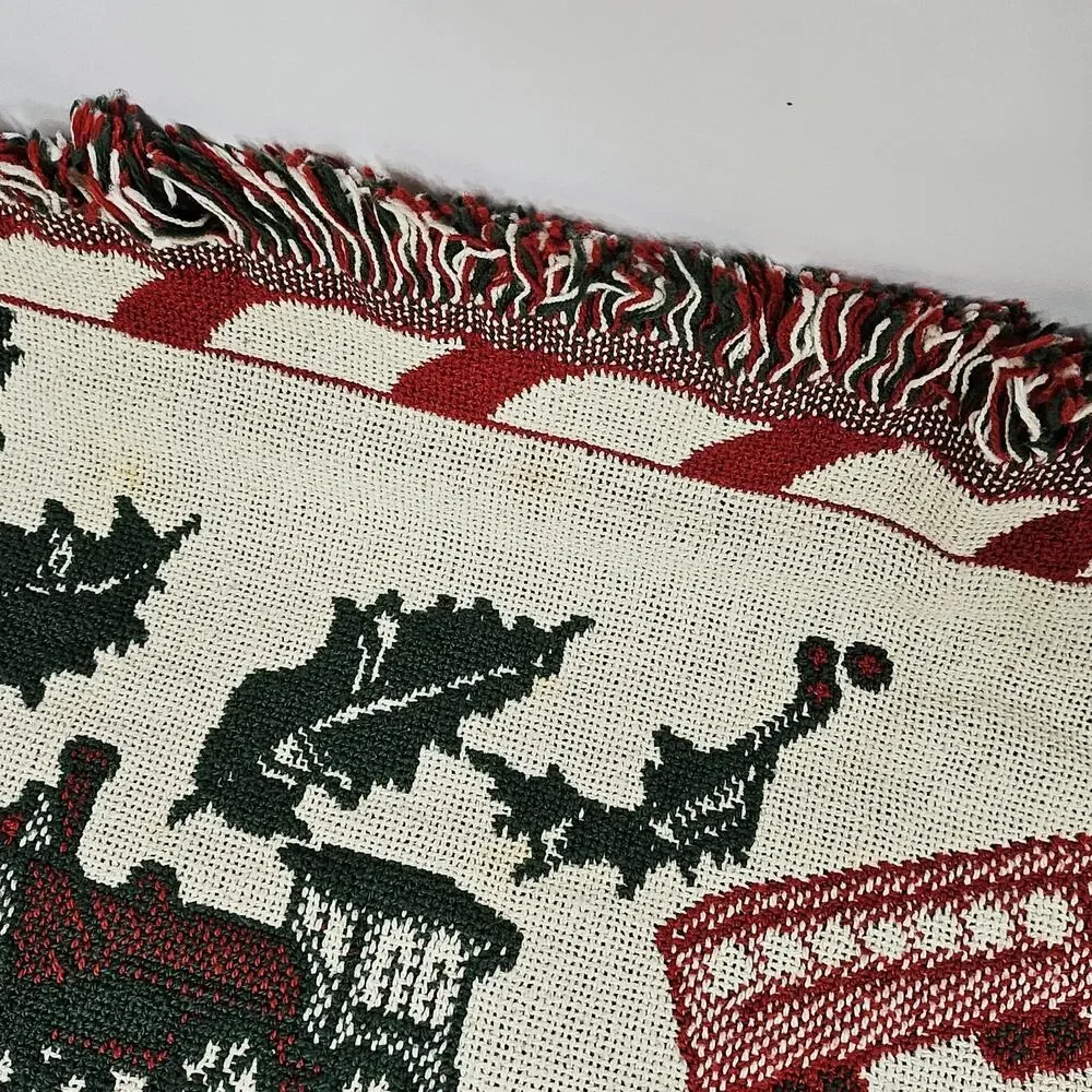 Vintage Christmas Holiday Thrown Blanket Woven Tapestry Santa Claus Reversible